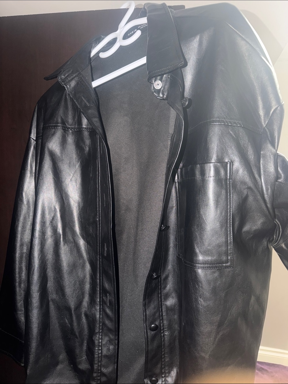 SHEIN Black Faux Leather Button-Up Jacket